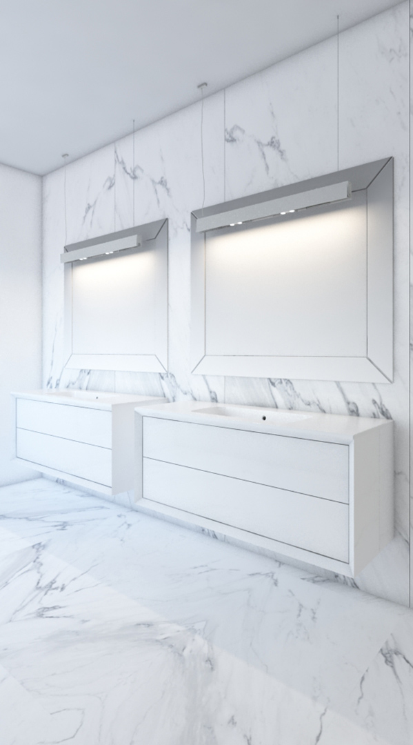 Mueble de baño suspendido en madera y blanco, disponible en Indecor
