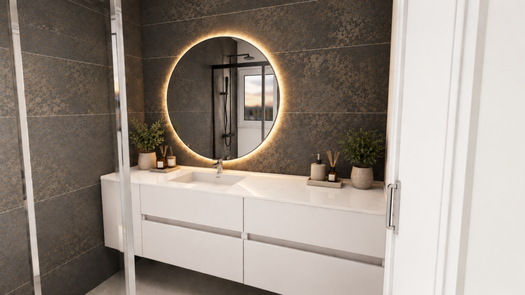 Propuesta de diseño de baño con espejo redondo