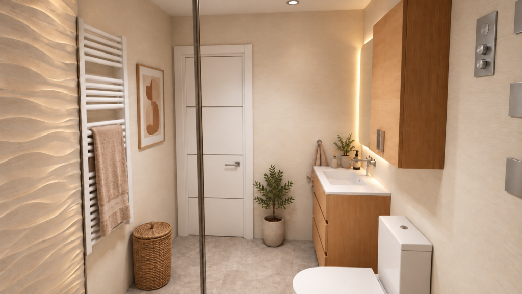 Propuesta de diseño de baño cálido con acero cepillado