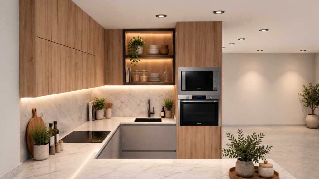 Propuesta de diseño de cocina con estantería abierta