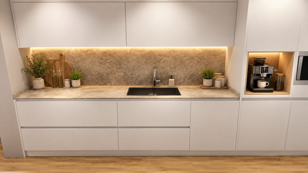 Propuesta de diseño de cocina blanca y madera