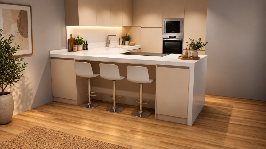 Propuesta de diseño de cocina minimalista con isla